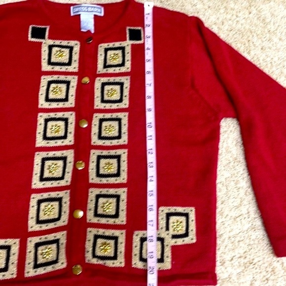 Vintage Red Knit Cardigan Geometric Squares Gold Button Front Retro Sweater M - Picture 7 of 10